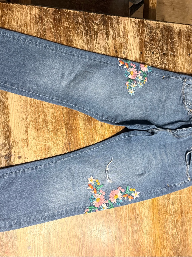 Anthropologie Pilcro And The Letterpress Blue Skinny Jeans W/Floral Embroidery